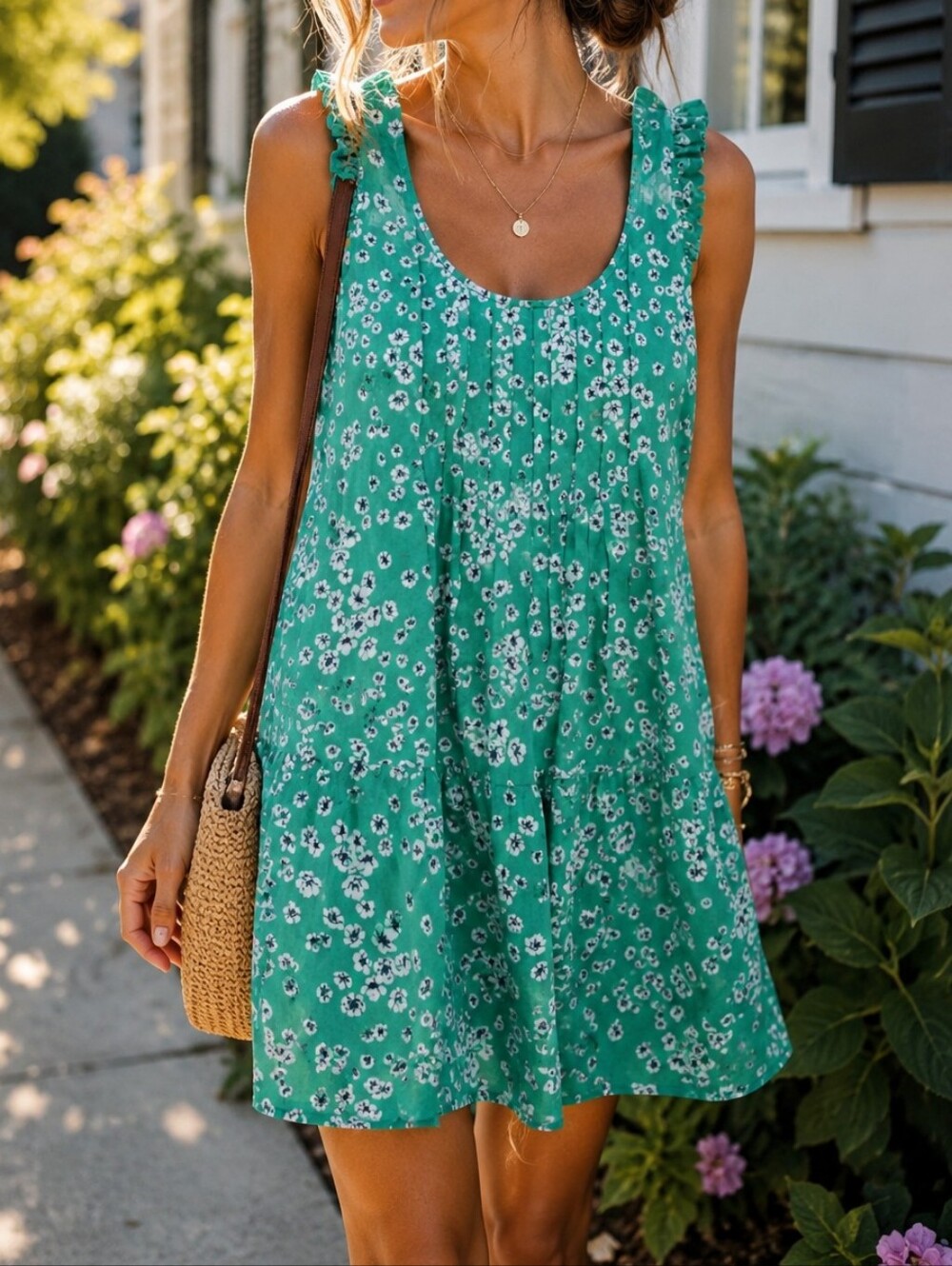Banana Republic Teal Floral Sleeveless Dress Ruffle Trim Spring Summer